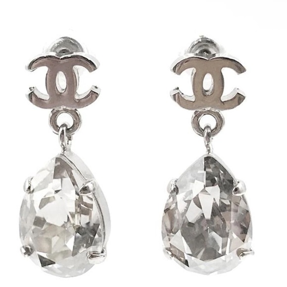 CHANEL Silver Teardrop Crystal Earrings - Picture 1 of 10